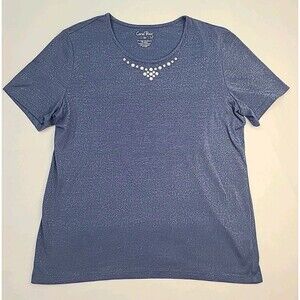 Coral Bay blue marled crewneck t-shirt with a white pearl embellished neckline M